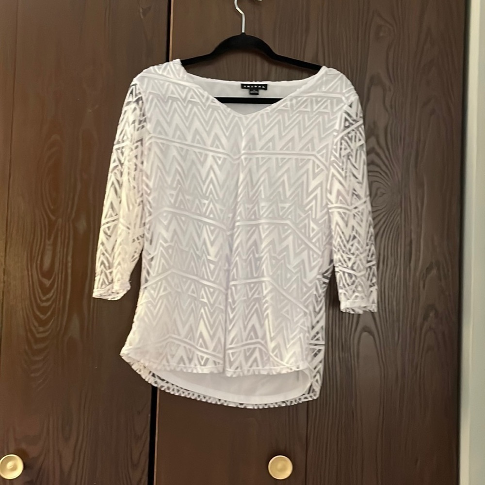 Tribal 3/4 sleeved sheer design white blouse. Size Medium.